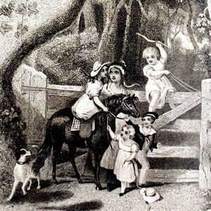 The Old Farm Cate Engraving 1859 Victorian Children Playing With Horse Art DWY5G